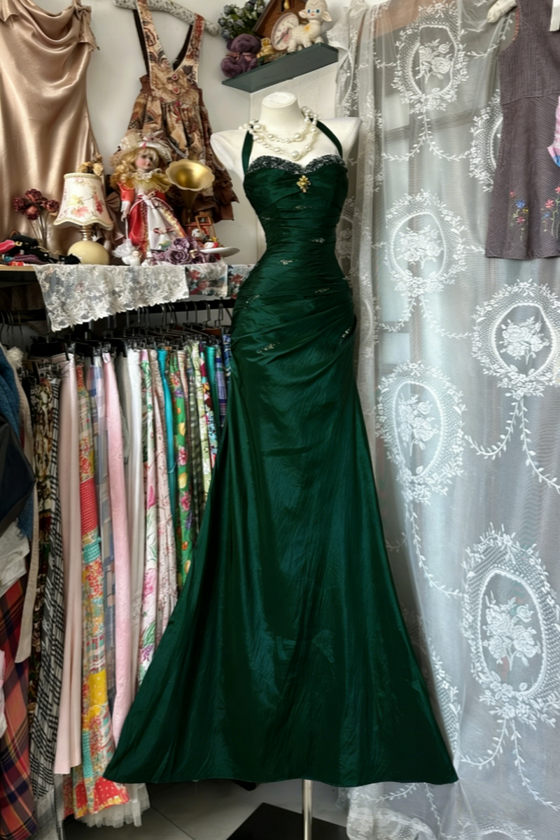Vintage Halter Sheath Long Prom Dresses Beaded Satin Blue Evening Dresses Sleeveless Birthday Dresses