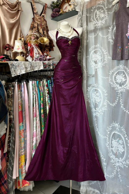 Vintage Halter Sheath Long Prom Dresses Beaded Satin Blue Evening Dresses Sleeveless Birthday Dresses