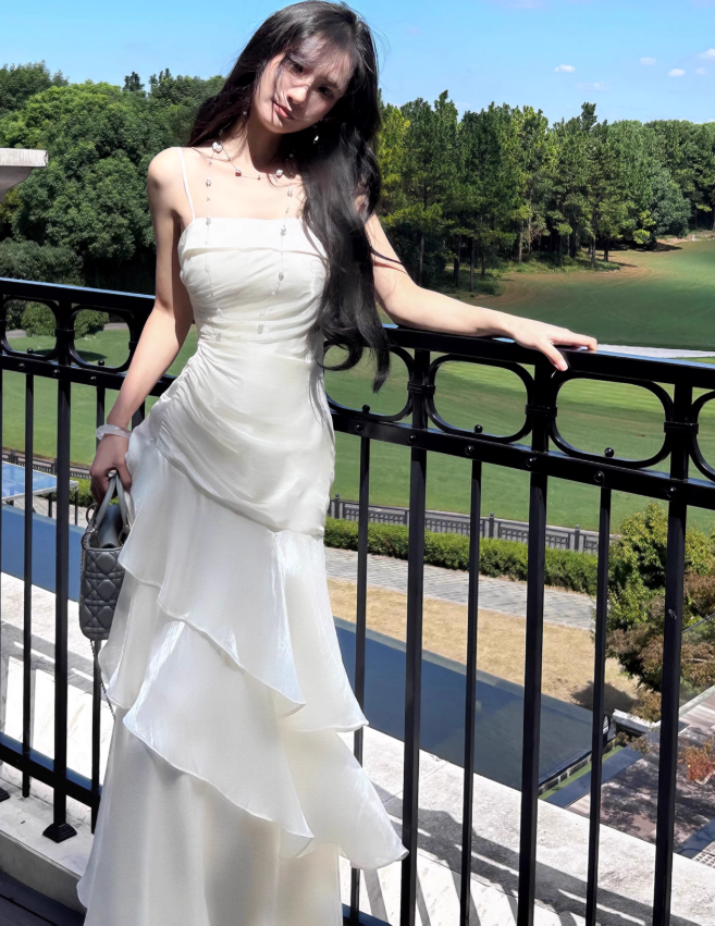White A-line spaghetti strap chiffon satin tiered ball gown