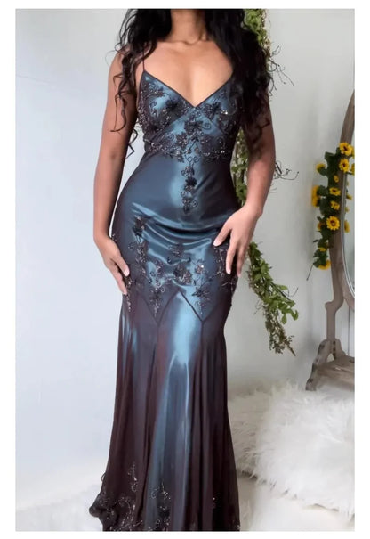 vintage-Inspired Evening Dresses 🩵 Blue Satin Spaghetti Straps Coffee Chiffon Long Prom Dresses with Beading