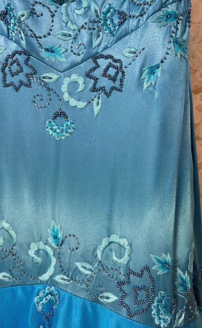 Vintage Lake Blue Mermaid V Neck Beaded Satin Prom Dress Wedding Guest Dress