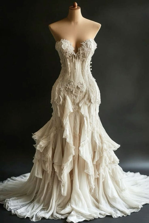 Vintage Mermaid Strapless Ivory Chiffon Tulle Long Prom Dress,Wedding Dress,Evening Dress