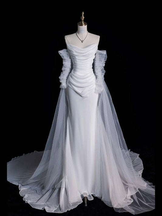 Vintage Mermaid Strapless Tulle Long White Wedding Dresses
