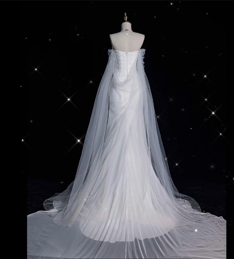 Vintage Mermaid Strapless Tulle Long White Wedding Dresses