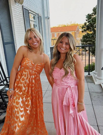 Vintage Orange A-Line Spaghetti Straps Chic Long Party Dress,AST2309