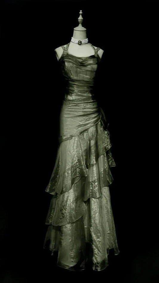 Vintage Organza Beaded Ruffle Long Prom Dresses Evening Gowns,AST2075