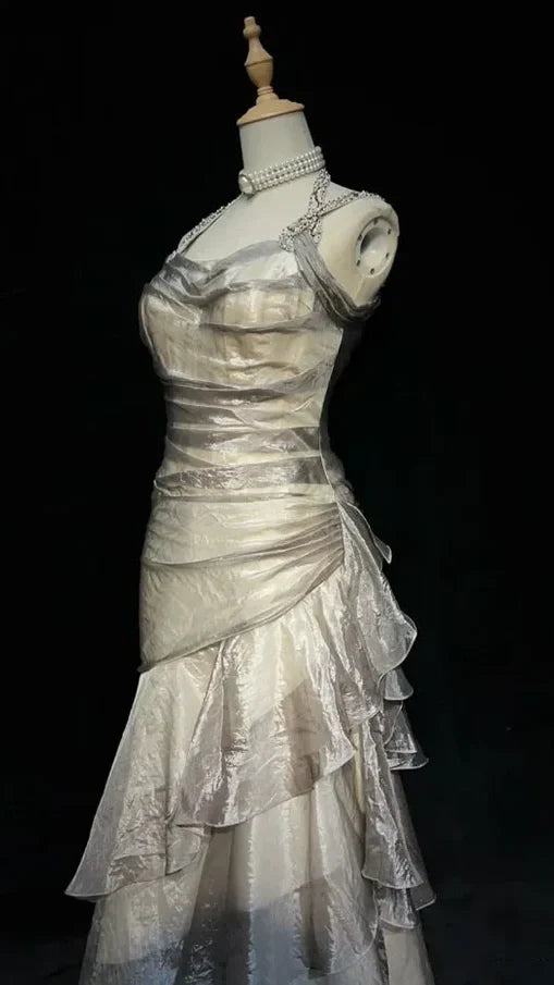Vintage Organza Beaded Ruffle Long Prom Dresses Evening Gowns,AST2075