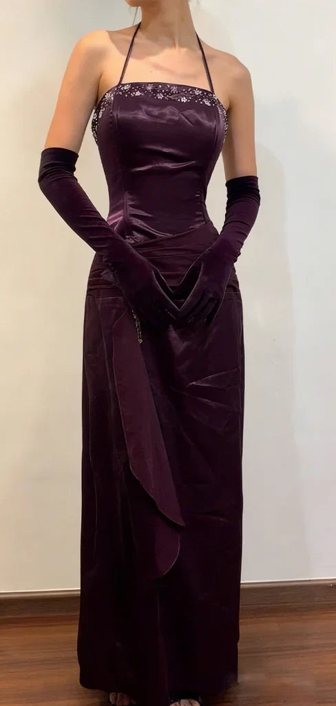 Vintage Purple Beaded Halter A-line Prom Dress, Evening Dress