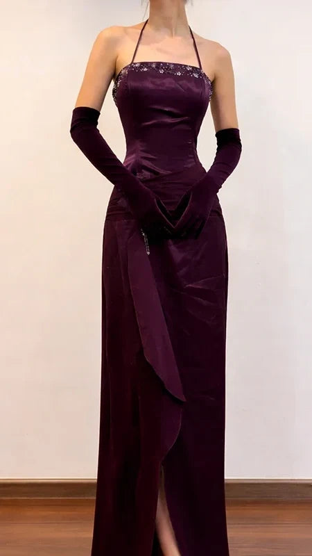 Vintage Purple Beaded Halter A-line Prom Dress, Evening Dress