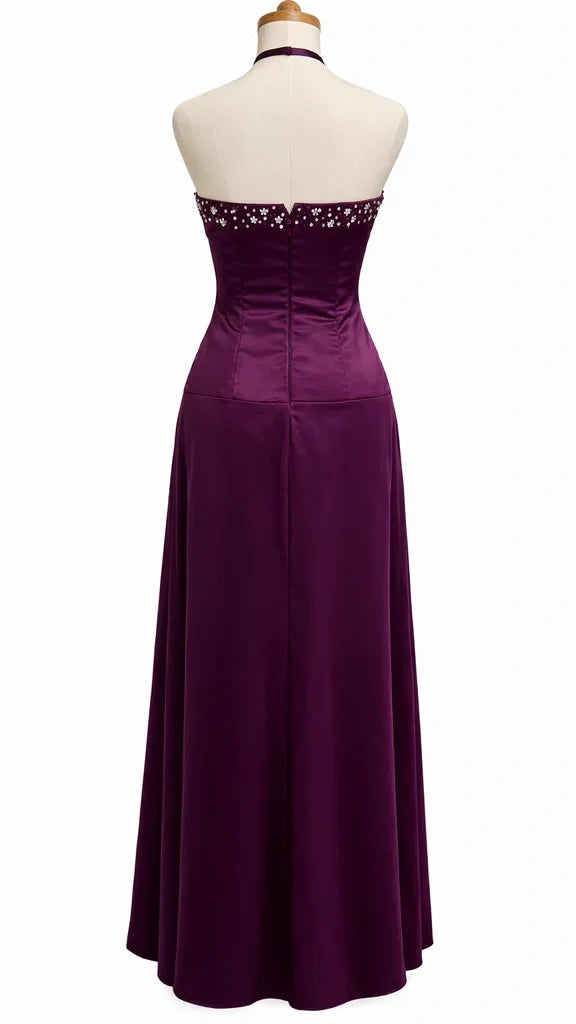 Vintage Purple Beaded Halter A-line Prom Dress, Evening Dress