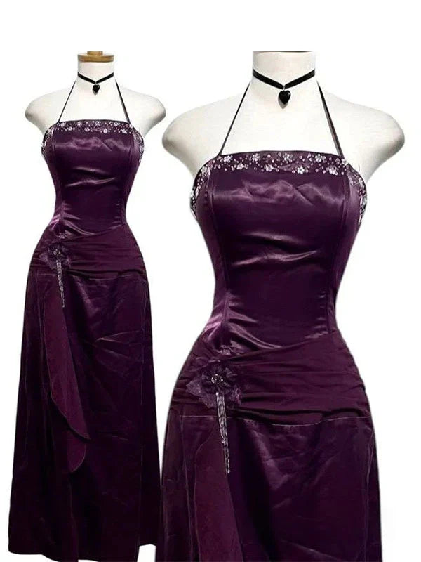 Vintage Purple Beaded Halter A-line Prom Dress, Evening Dress