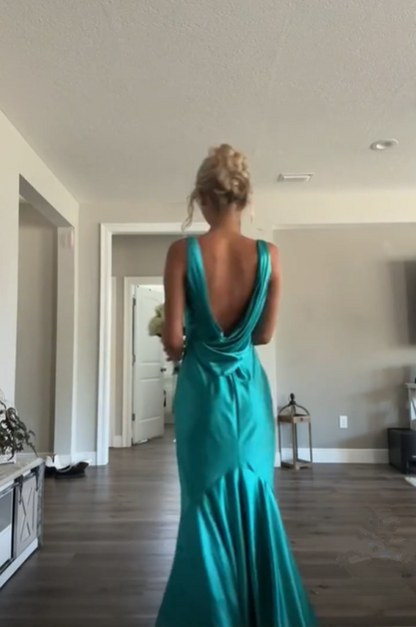 Vintage Satin V-Neck Mermaid Elegant Long Evening Dress Party Dress Prom Dress