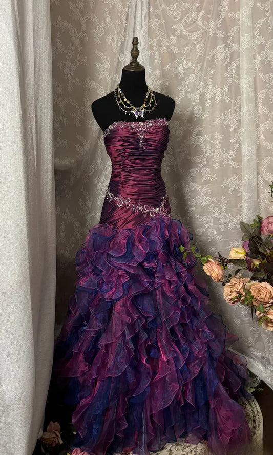 Vintage Sheath Grape Long Prom Dresses Tiered Tulle Strapless Quinceanera Dresses Sweet 16 Dresses