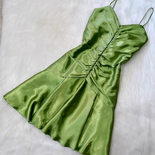 Vintage Sheath Green Hoco Dresses Satin Spaghetti Strap Short Prom Dresses