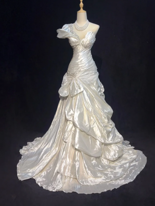 Vintage Sheath Long Wedding Dresses One-shoulder Satin White Bridal Gowns Sleeveless Bridal Dresses