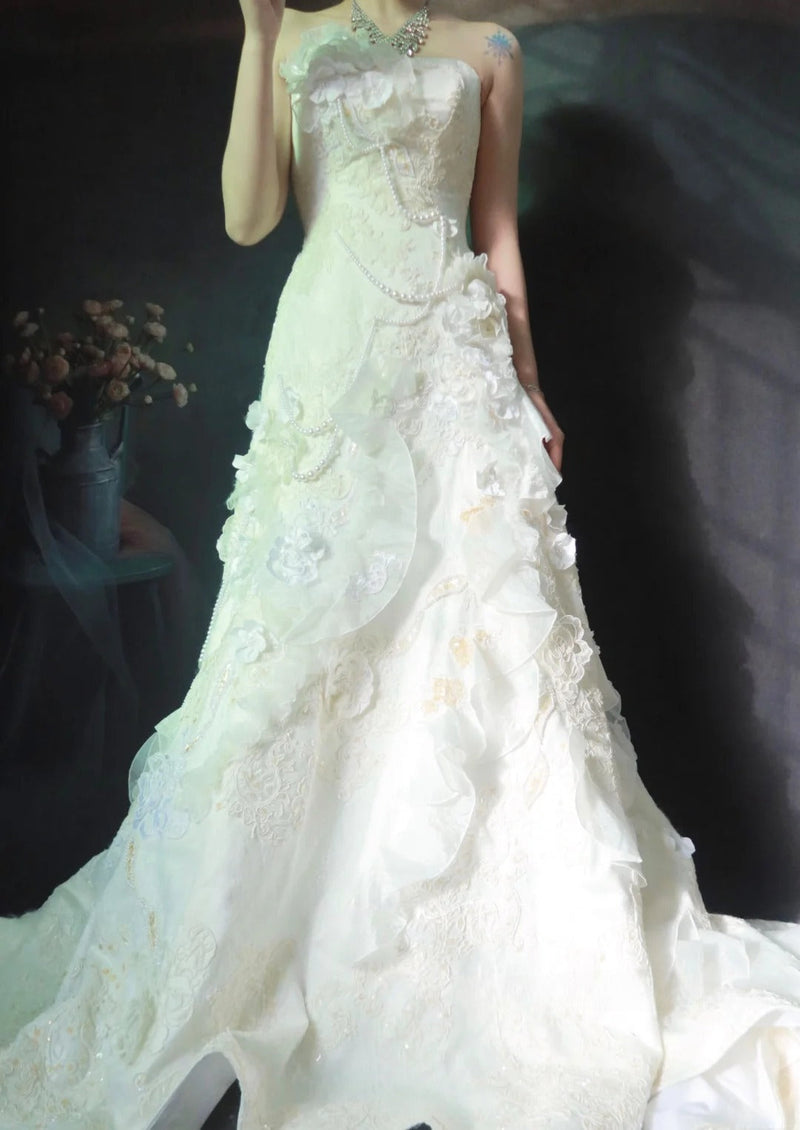 Vintage Sheath Long Wedding Dresses Tulle Applique Beaded White Bridal Gowns Strapless Sleeveless Bridal Dresses
