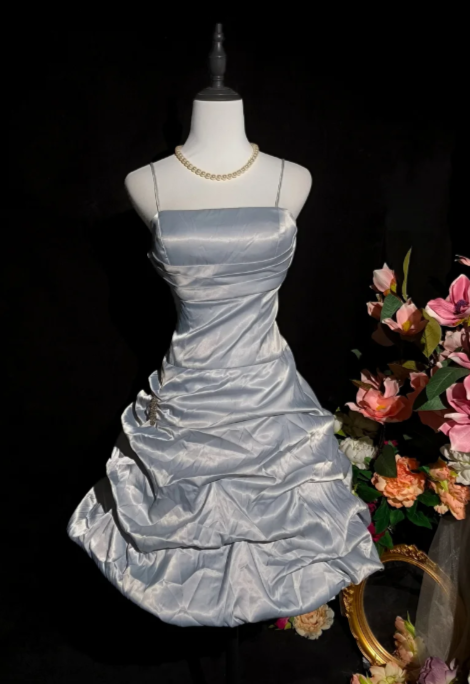 Vintage Spaghetti Strap Homecoming Dresses A-line Grey Short Prom Dresses Taffeta Grey Birthday Dresses