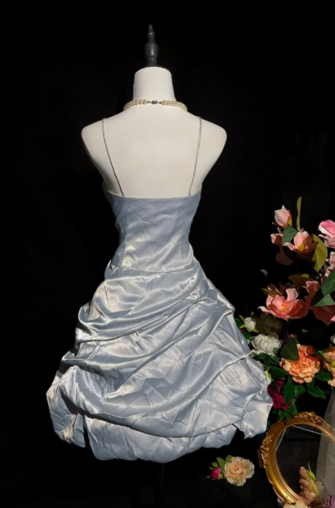 Vintage Spaghetti Strap Homecoming Dresses A-line Grey Short Prom Dresses Taffeta Grey Birthday Dresses