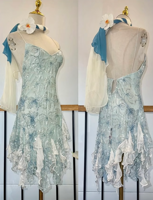 Vintage Spaghetti Strap Sheath Beaded Chiffon Short Prom Dresses, Blue Backless Homecoming Dresses