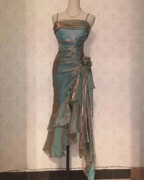 Vintage Spaghetti Straps Asymmetrical Midi Length Party Dress,AST2312