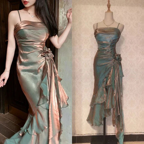 Vintage Spaghetti Straps Chiffon Satin Ruffled Prom Dresses Fairytale Party Dresses