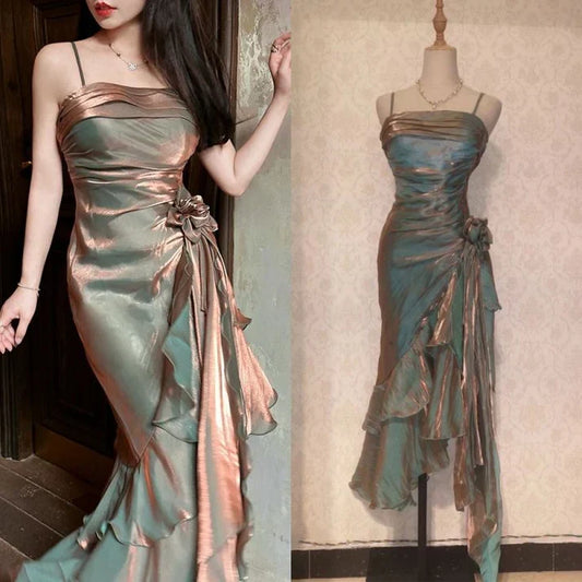 Vintage Spaghetti Straps Chiffon Satin Ruffled Prom Dresses Fairytale Party Dresses