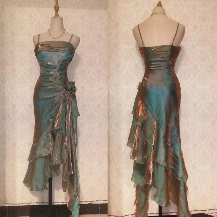 Vintage Spaghetti Straps Chiffon Satin Ruffled Prom Dresses Fairytale Party Dresses