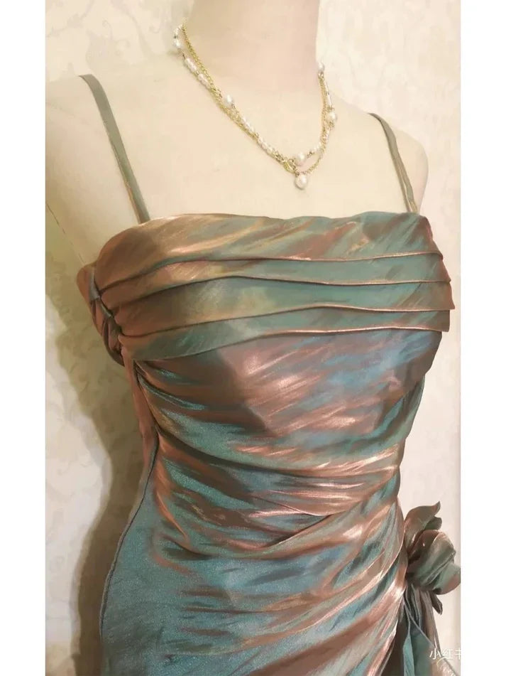 Vintage Spaghetti Straps Chiffon Satin Ruffled Prom Dresses Fairytale Party Dresses