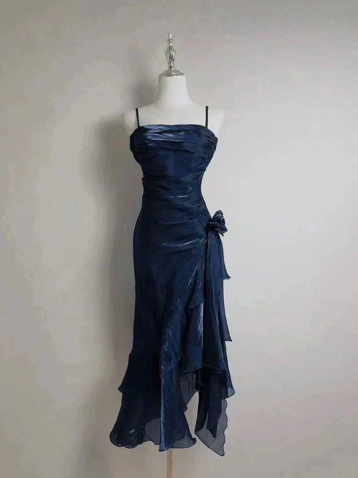 Vintage Spaghetti Straps Chiffon Satin Ruffled Prom Dresses Fairytale Party Dresses