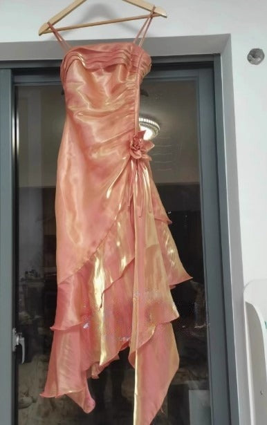 Vintage Spaghetti Straps Chiffon Satin Ruffled Prom Dresses Fairytale Party Dresses