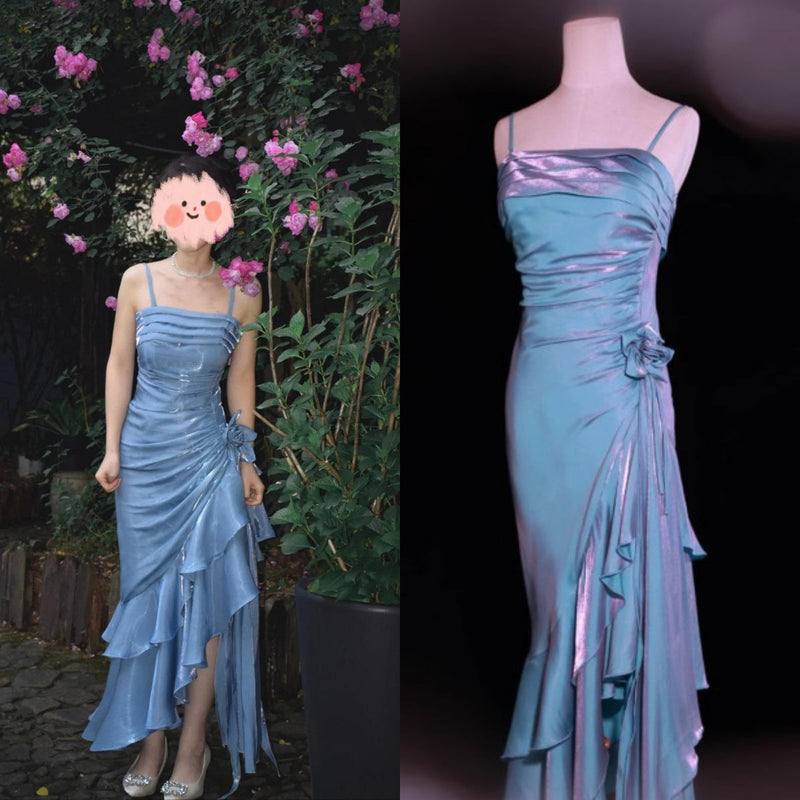 Vintage Spaghetti Straps Chiffon Satin Ruffled Prom Dresses Fairytale Party Dresses
