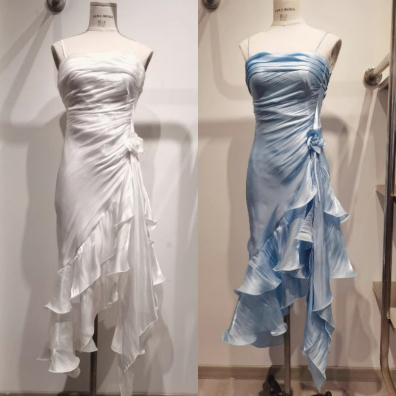Vintage Spaghetti Straps Chiffon Satin Ruffled Prom Dresses Fairytale Party Dresses