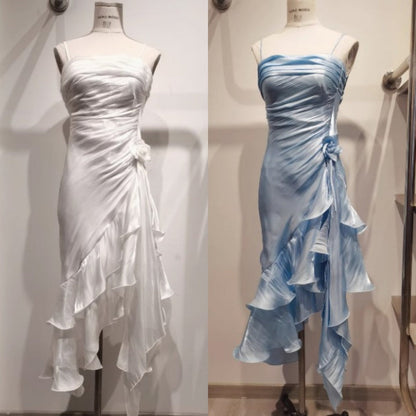 Vintage Spaghetti Straps Chiffon Satin Ruffled Prom Dresses Fairytale Party Dresses