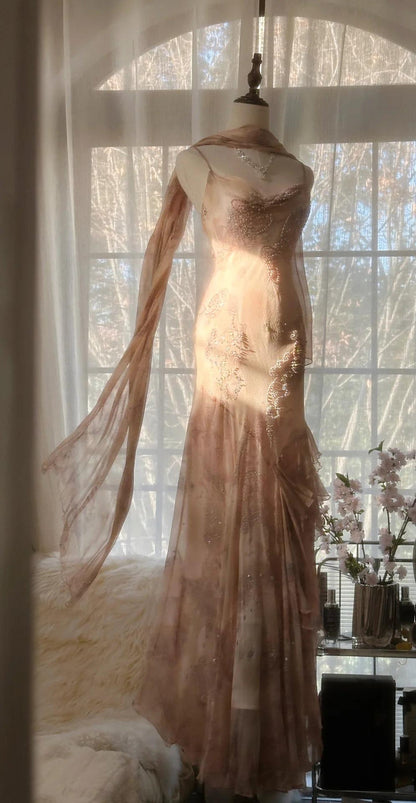 Vintage Spaghetti Straps Printed Chiffon Sheath Sparkling Beaded Evening Dress