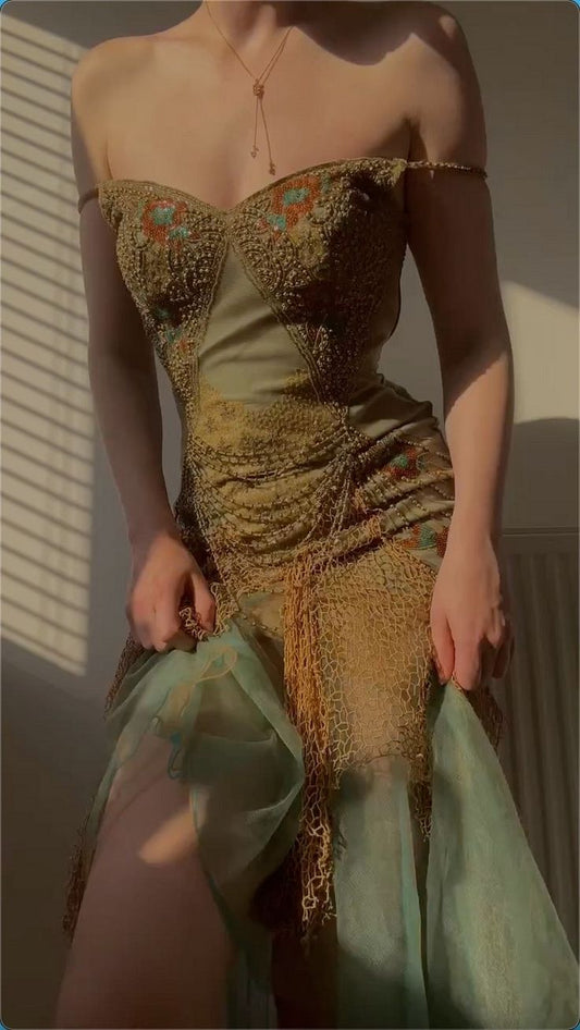 Vintage Spaghetti Straps Sheath Tulle Beaded Long Prom Dresses Elegant Evening Gowns