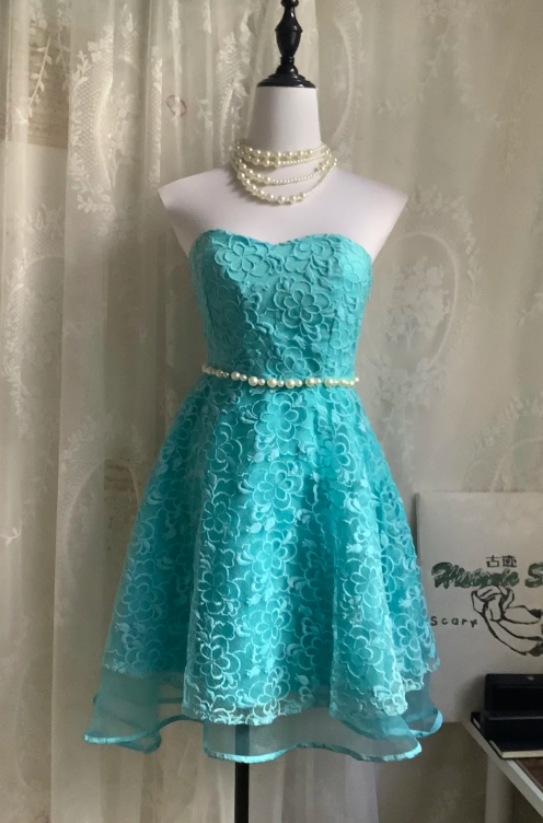 Vintage Strapless A-Line Short Prom Dresses Lace Blue Homecoming Dresses Birthday Dresses