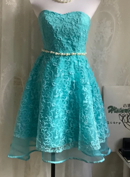 Vintage Strapless A-Line Short Prom Dresses Lace Blue Homecoming Dresses Birthday Dresses