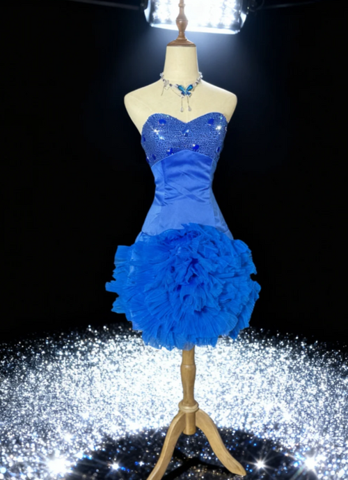 Vintage Sweetheart Homecoming Dresses Blue Bodycon Short Prom Dresses Satin Tulle Classic Blue Birthday Dresses
