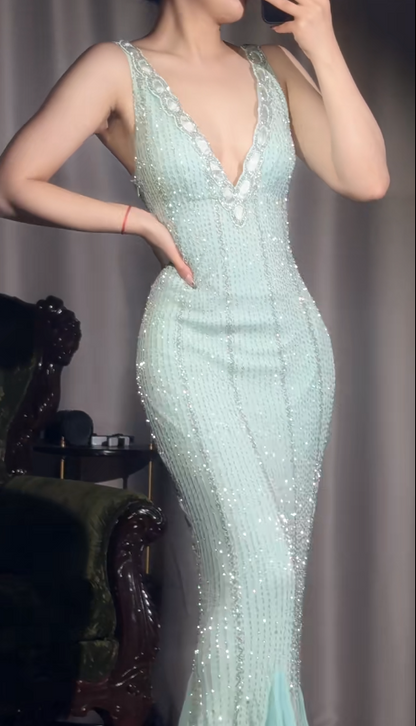 Vintage Tiffany Blue V-neck Mermaid Chiffon Beaded Ball Dress Elegant Evening Gowns