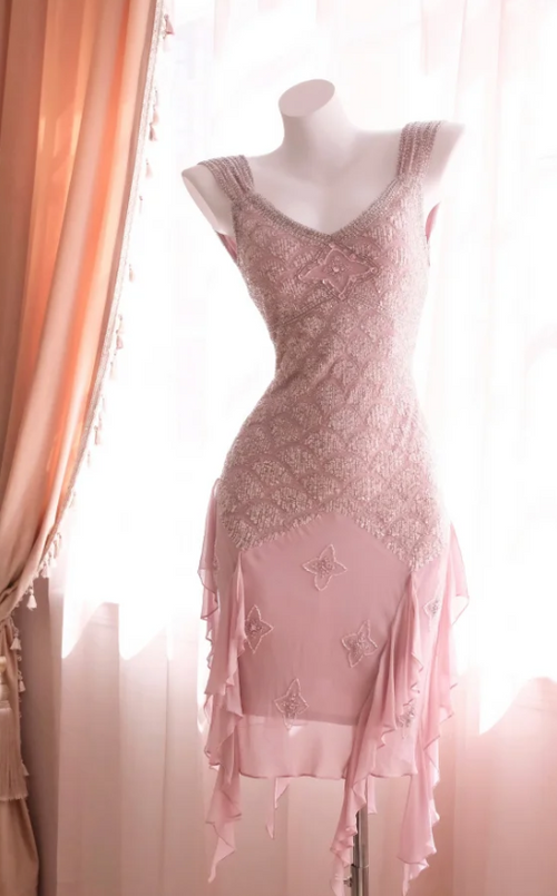 Vintage V-neck Sheath Short Prom Dresses Chiffon Beaded Homecoming Dresses Dusty Pink Birthday Dresses