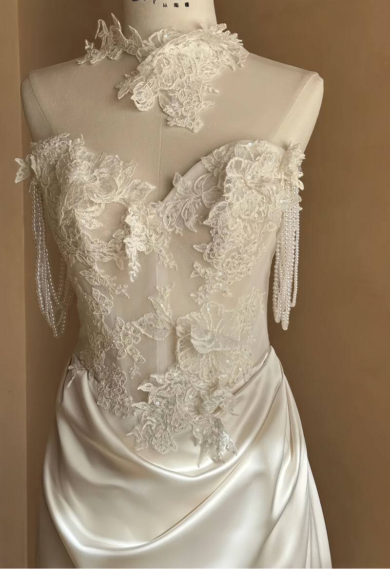 Vintage White/Ivory Appliques Wedding Dress, Sheath Lace Floral Bridal Gown, AST1750