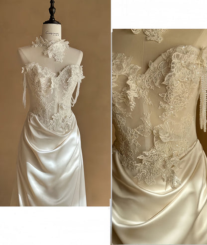 Vintage White/Ivory Appliques Wedding Dress, Sheath Lace Floral Bridal Gown, AST1750