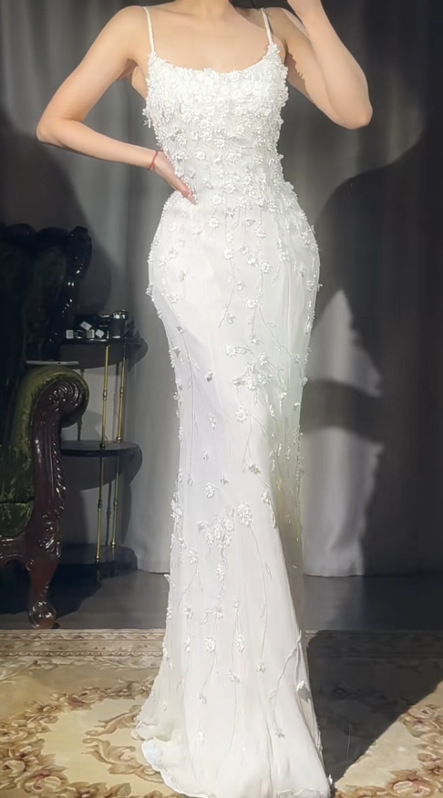 Vintage White Spaghetti Straps Mermaid Chiffon Beaded Long Prom Dresses Formal Evening Gowns