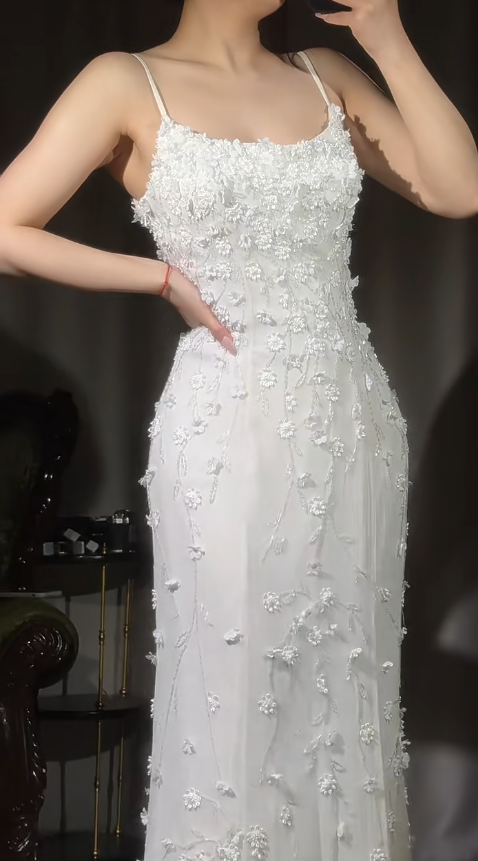 Vintage White Spaghetti Straps Mermaid Chiffon Beaded Long Prom Dresses Formal Evening Gowns