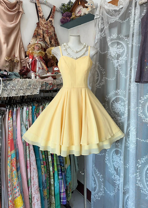 Vintage Yellow Spaghetti Straps A-Line Chiffon Short Birthday Party Dress