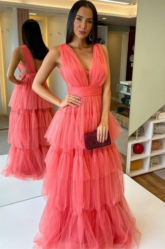 Watermelon Sleeveless V Neck Tulle Prom Dress
