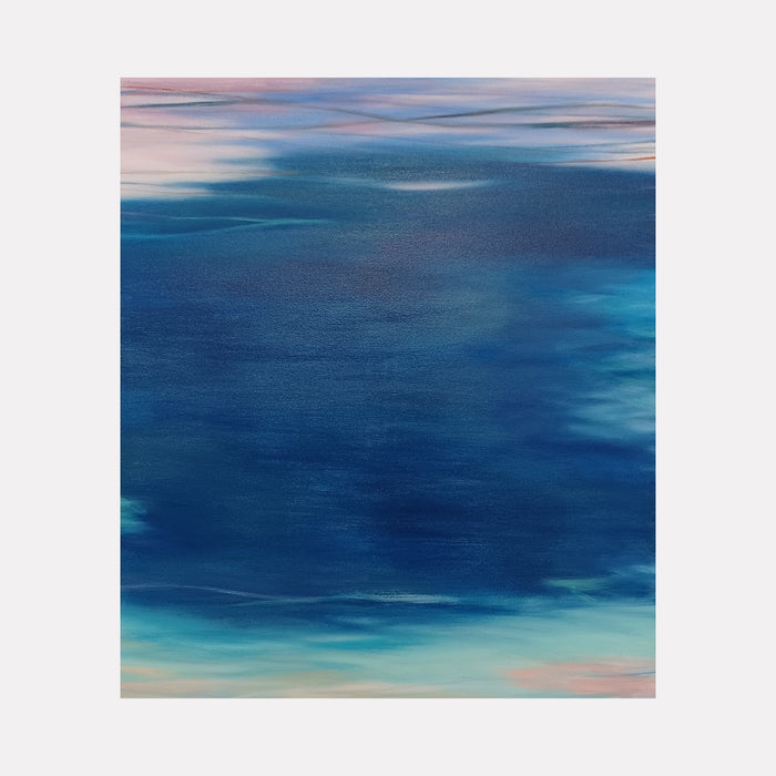 The artwork 'Waves #85' by Bob Melzmuf features fluid brushstrokes depicting ocean-inspired abstract waves in deep navy blues transitioning to turquoise waters, with subtle pink and coral sunset hues at the horizons. The oil painting's ethereal texture creates a serene seascape effect on canvas measuring 46x40 inches by Bob Melzmuf.