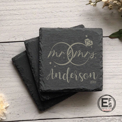 Unique personalized couple keepsake coasters with engraved wedding rings for home décor