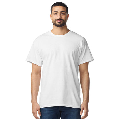 front view model wearing mens gildan short sleeve heavy cotton tshirt white