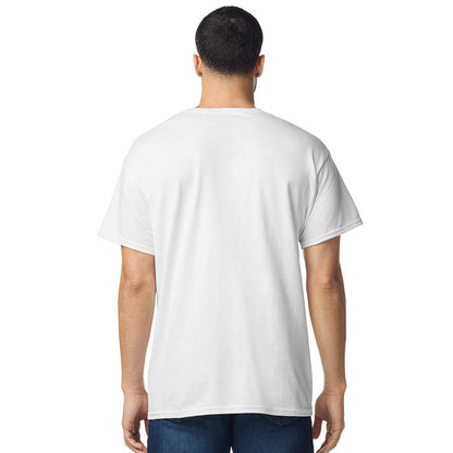 model wearing mens gildan short sleeve heavy cotton tshirt white